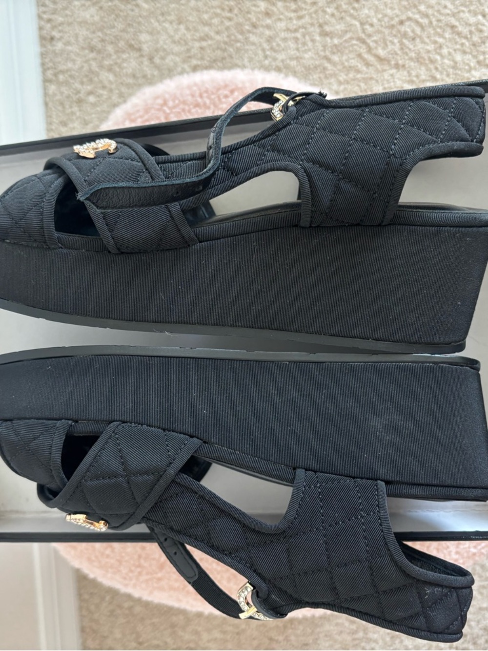 CHANEL Black Quilted Platform Sandals with Gold CC Hardware - Picture 10 of 12